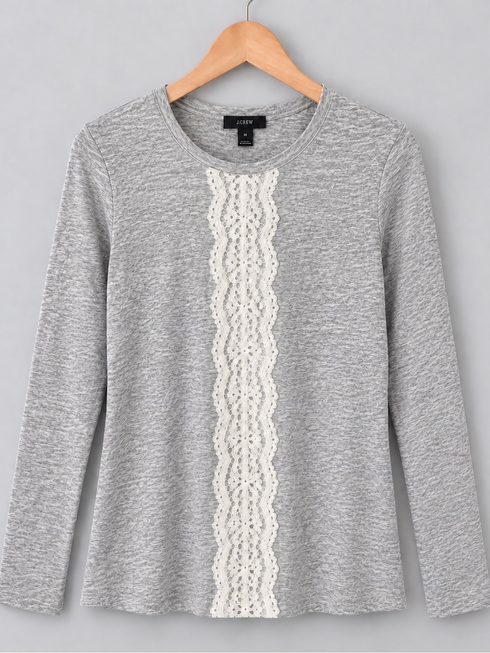 J.Crew Light Heather Gray Lace Panel Long Sleeve Top Women’s Size M